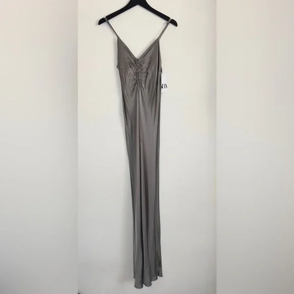 Zara Ruched Slip Dress Midi Satin Feel Size XS Grey Cocktail Party - Picture 2 of 10